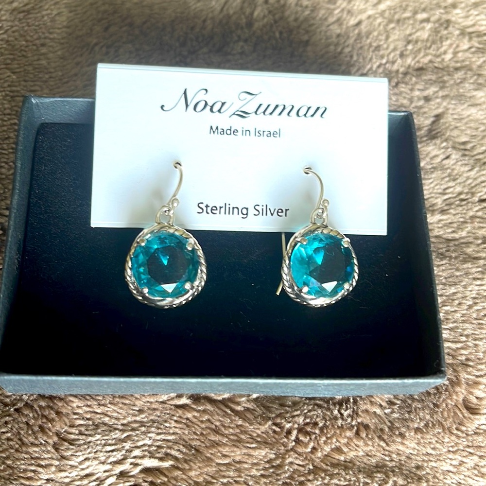 NWOT Noa Zumba Israel’s Sterling Silver, Stamped Probe 925 Earrings, Blue Stone.
